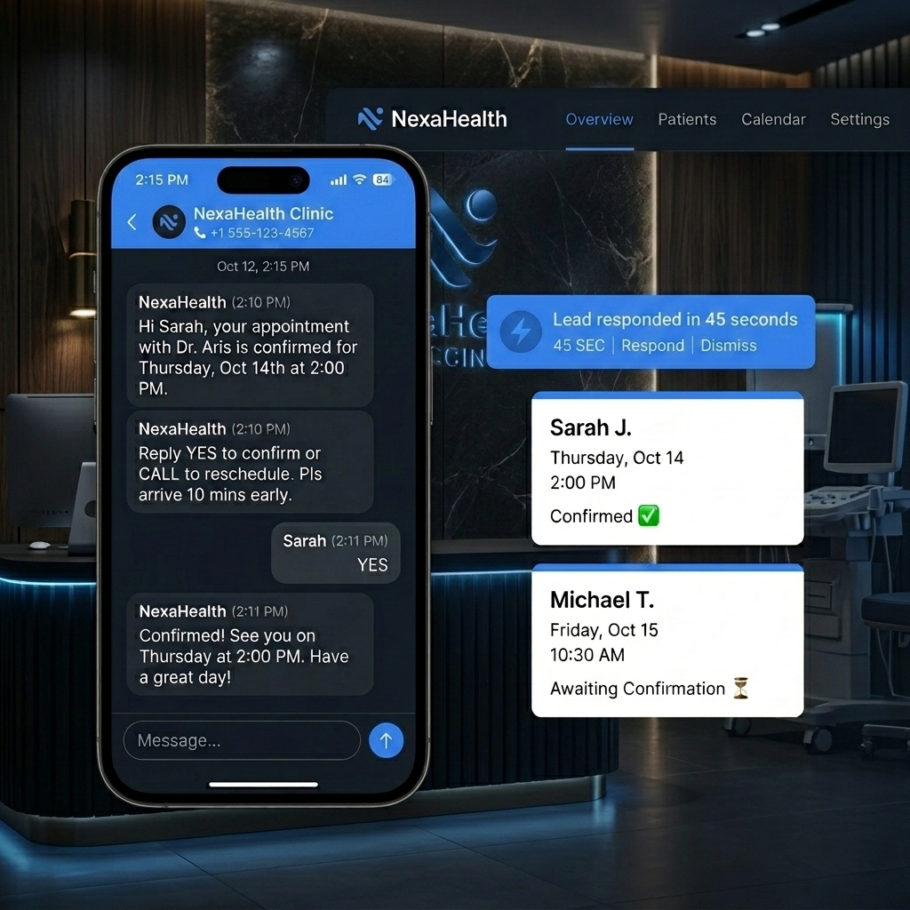 Realistic modern smartphone displaying fast response SMS notifications in a dark professional setting